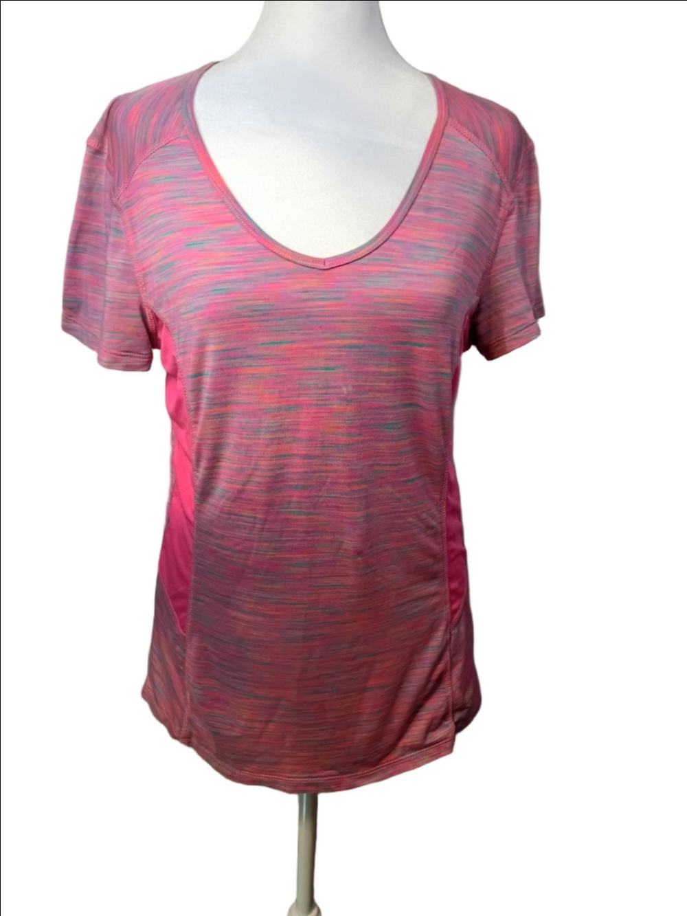 RBX Neon Pink Purple Space-Dye V-Neck Active Tee Solid Side Panels Size Medium